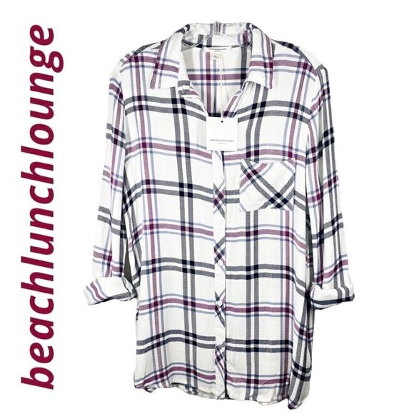NWT BEACH LUNCH LOUNGE Bailey Long Sleeve Soft Plaid Button Up Shirt, Size Small - Picture 4 of 9